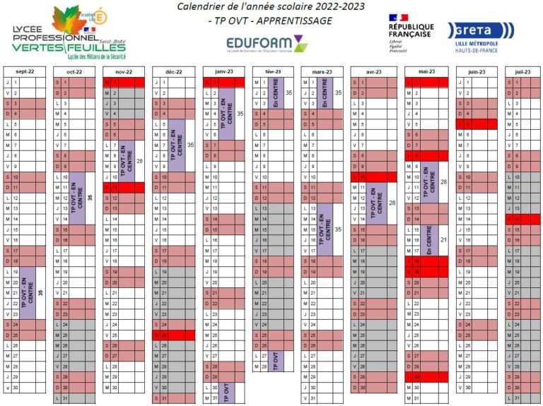 Calendrier de l’Alternance – TP OVT 2022-2023 – Le Lycée Vertes